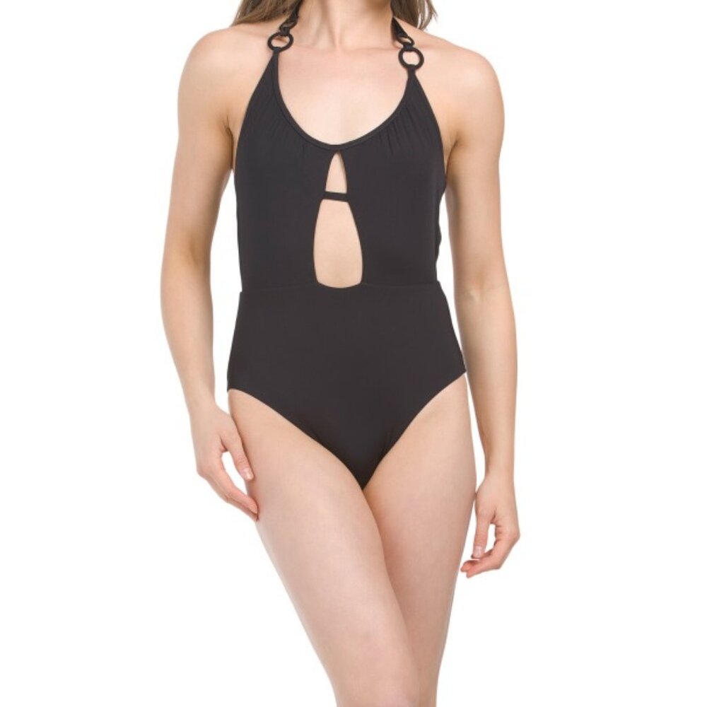 TRINA TURK MONACO SCOOP NECK CUTOUT HALTER ONE PIECE SWIMSUIT